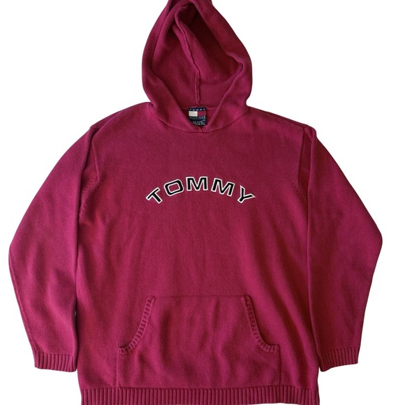 Tommy Hilfiger Other - Tommy Hilfiger Y2K Knit Hoodie Sweater Spellout Red Cotton L